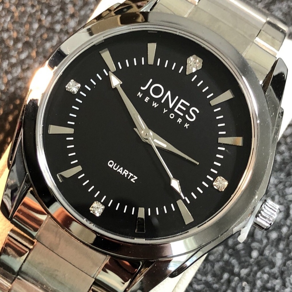BNIB JONES NEW YORK WOMENS ANNA ALL STAINLESS STEEL BLACK FACE/CRYSTAL WATCH